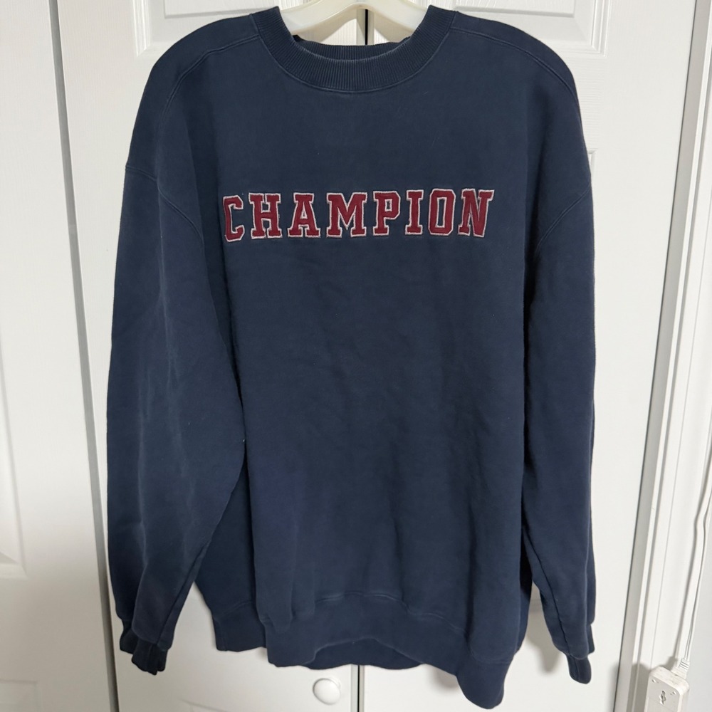 Champion Mens Navy Blue Embroidered Spellout Logo Crewneck Sweatshirt XL